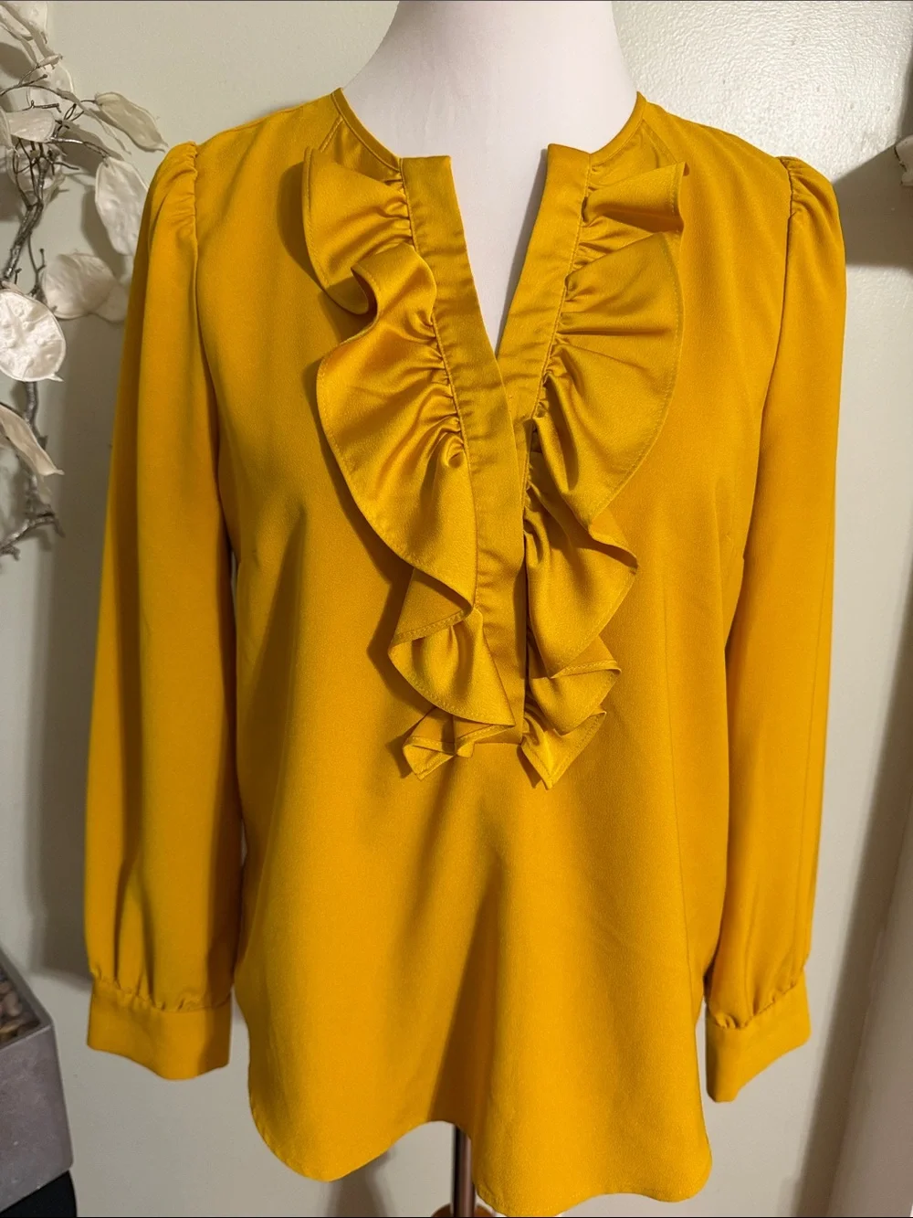J. Crew Mustard Ruffle V-Neck Blouse